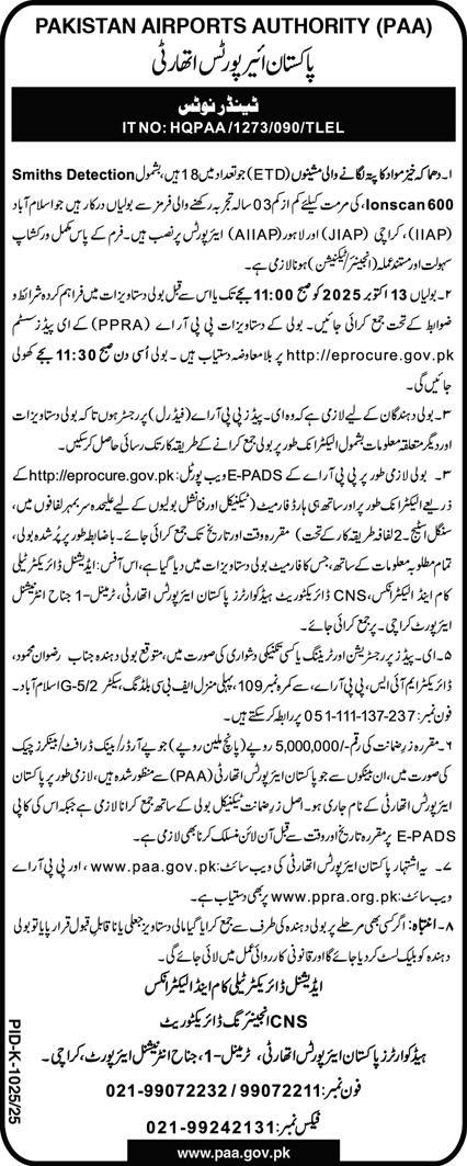 Pakistan Airports Authority Karachi Tender Notice